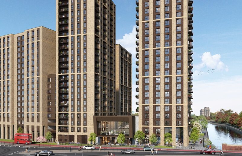 CGI of Abbey Quay in Barking, showing the apartment buildings and River Roding on the right, road in the foreground